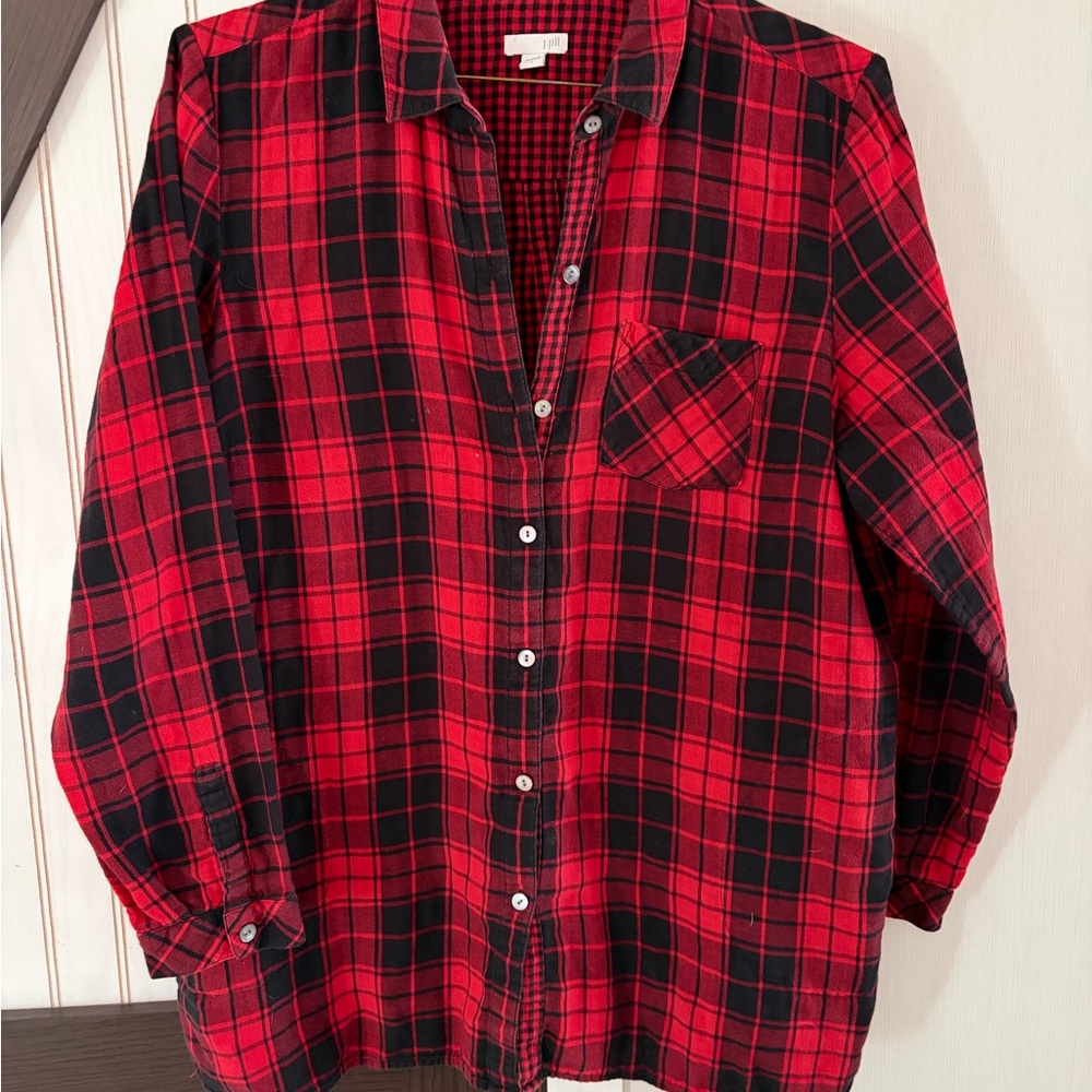 Red and Black Plaid Button-Up Shirt Large J.Jill Pockets